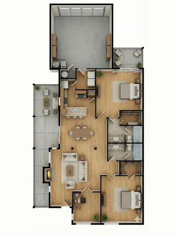 Elegant 3D floor plan showcasing 2 bedrooms, an expansive open-concept living space, modern kitchen, and cozy balcony, ideal for stylish living.