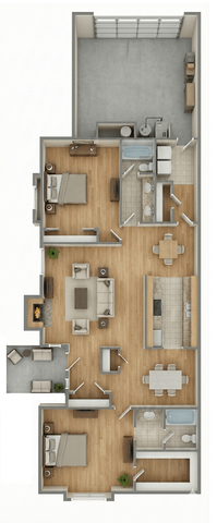 Modern 3D floor plan featuring two spacious bedrooms, a cozy living area with a fireplace, an open kitchen, and two bathrooms, perfect for comfortable living.
