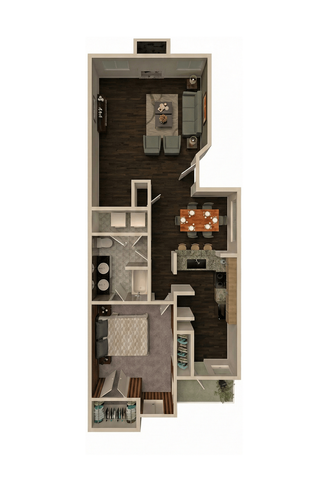 Modern floor plan showcasing a spacious one-bedroom apartment with open living area, elegant kitchen, and cozy dining space.