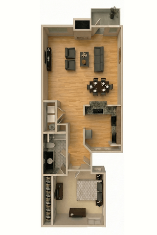 Modern 3D apartment floor plan with one bedroom, stylish living room, and equipped kitchen with dining area; perfect for elegant city living.