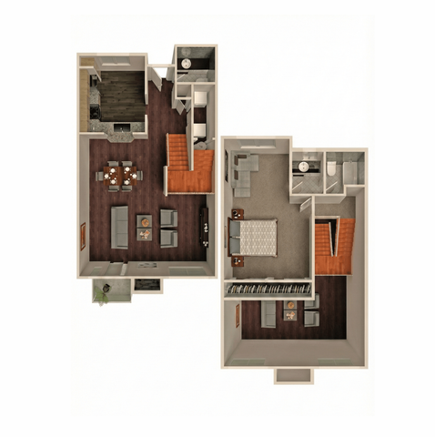 Elegant two-level floor plan showcasing a modern open-concept living area, inviting dining space, stylish kitchen, and cozy bedroom with ensuite bathroom.