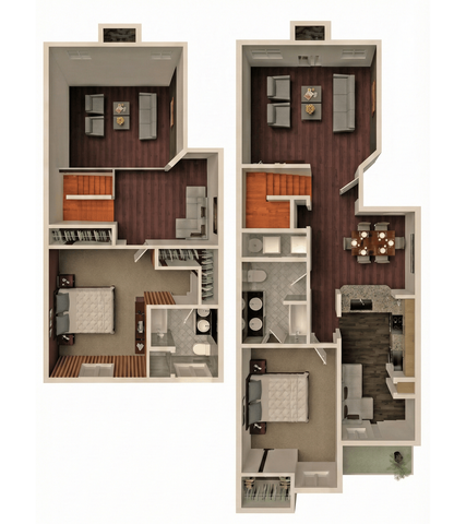 Charming two-story floor plan featuring elegant hardwood flooring, two cozy bedrooms, an inviting living area, modern kitchen, and stylish dining space.