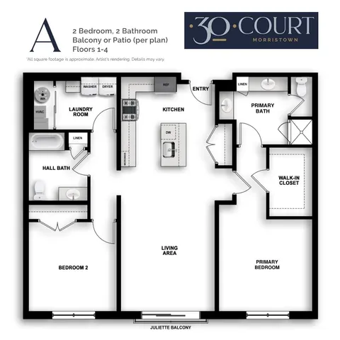 A2 floor plan with 2 bedrooms, 2 baths, a modern kitchen, and a spacious living area at 30 Court Morristown.