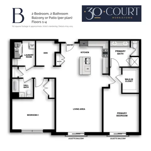 B1 floor plan of a 2-bedroom, 2-bathroom apartment with a spacious living area, kitchen, and plus den!