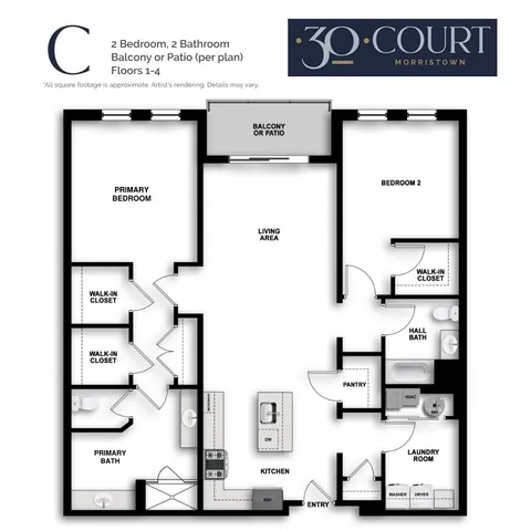C1 floor plan featuring 2 bedrooms, 2 bathrooms, modern kitchen, and a generous living area.