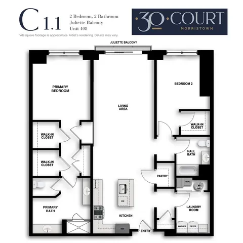 C1.1 floorplan is a 4th floor penthouse features a 2-bedroom, 2-bathroom with upgrades features at 30 Court Morristown.