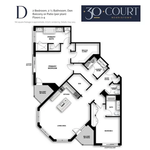 D1 floor plan featuring 2 bedrooms, 2.5 bathrooms, a kitchen, den, living area, and dual balconies.