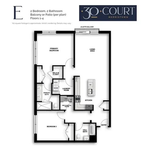 E2 floor plan with 2 bedrooms, 2 bathrooms, kitchen, and living area at 30 Court Morristown.
