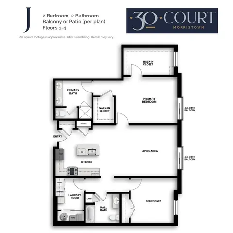 J1 floor plan showcases a 2-bedroom, 2-bathroom apartment with a spacious living area and modern kitchen.