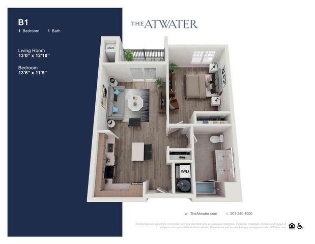 Elegant 1-bedroom apartment floor plan at The Atwater with a spacious living area, modern kitchen, and stylish bathroom.