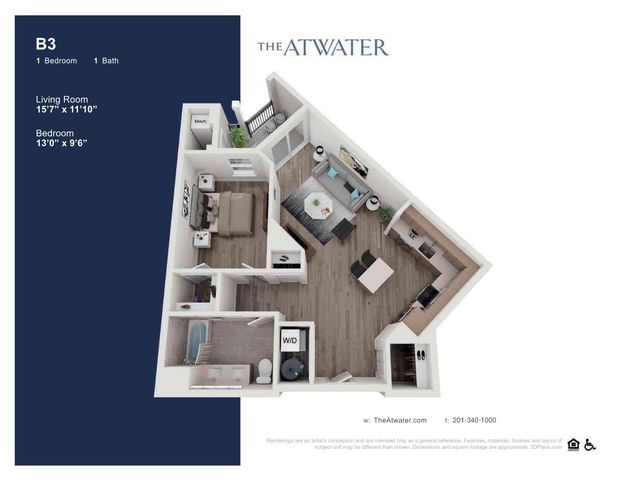 Chic and modern floor plan at The Atwater featuring 1 bedroom, 1 bath, and a spacious living room with open kitchen design.
