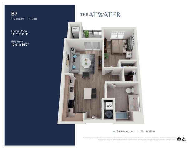 The Atwater apartment floor plan B7 showcasing a 1-bedroom, 1-bath layout with an open-concept living room and kitchen, featuring stylish and modern design elements.