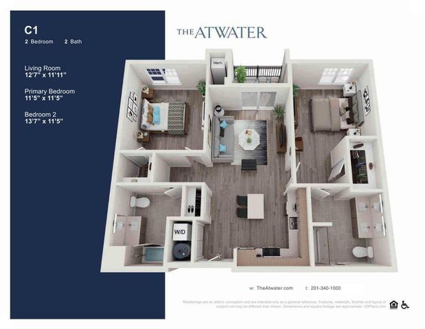 Contemporary 3D floor plan for The Atwater featuring 2 spacious bedrooms, 2 modern bathrooms, a cozy living room, and a sleek kitchen layout.