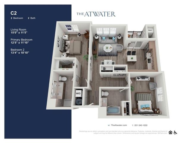 The Atwater C2 model beautifully designed 3D floor plan showcasing 2 bedrooms, 2 bathrooms, a spacious living room, and modern kitchen for luxurious apartment living.