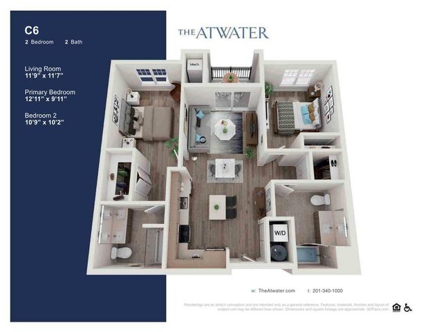 Modern 2-bedroom, 2-bath floor plan at The Atwater, featuring a stylish open-concept living area and a balcony for outdoor relaxation.