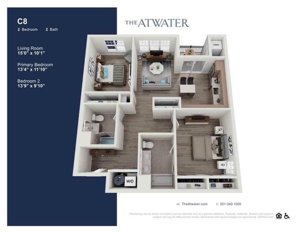 Modern 3D floor plan of The Atwater\'s C8 unit, featuring 2 bedrooms, 2 baths, an open living area, and a sleek kitchen with a balcony view.