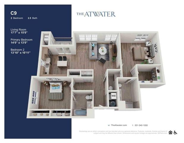 Elegant 3D floor plan of The Atwater C9 model showcasing 2 bedrooms, 2.5 baths, and a spacious living room with modern kitchen.