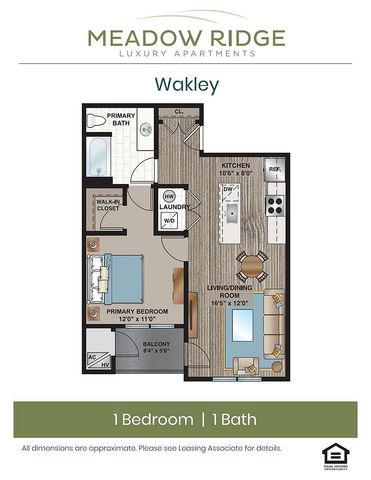 Detailed 2D floor plan of the Wakley apartment featuring 1 bedroom, 1 bath, a kitchen, and a spacious living/dining area.