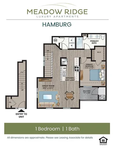 Meadow Ridge floor plan in Hamburg showcasing 1 bedroom, 1 bath, open great room, and cozy kitchen with balcony access.