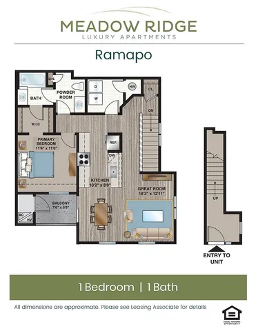Detailed floor plan of a Meadow Ridge Ramapo apartment featuring 1 bedroom, 1 bath, a great room, a kitchen, and a balcony.