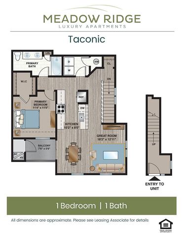 Meadow Ridge Taconic floor plan with 1 bedroom, 1 bathroom, kitchen, great room, and balcony.