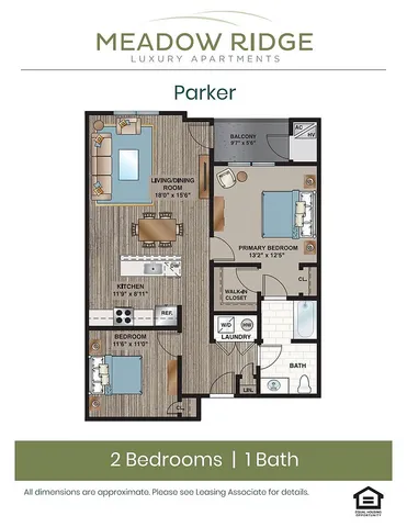 Contemporary floor plan of Parker, featuring 2 bedrooms, 1 bath, and an open living/dining area with kitchen.