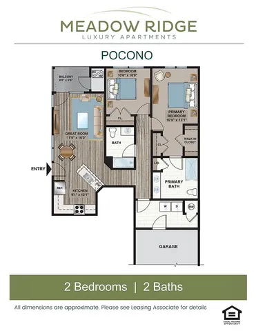 Meadow Ridge Pocono floor plan with 2 bedrooms, 2 baths, gourmet kitchen, and great room.