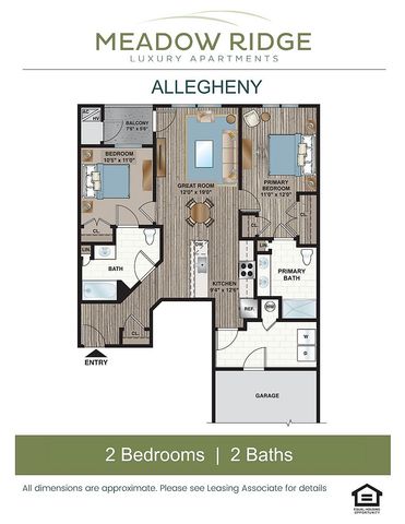 Elegant 2D floor plan with 2 bedrooms, spacious great room, and attached garage.