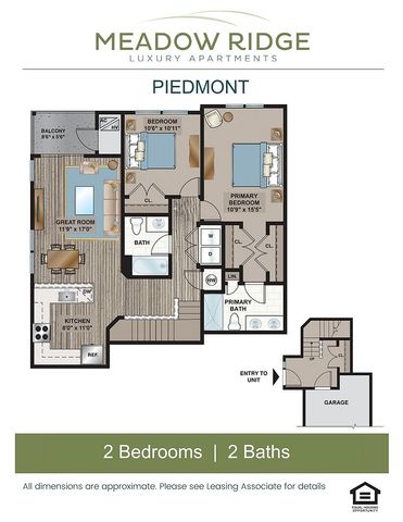 Piedmont floor plan of Meadow Ridge Apartments showcasing 2 bedrooms, 2 baths, great room, and modern kitchen with attached garage.