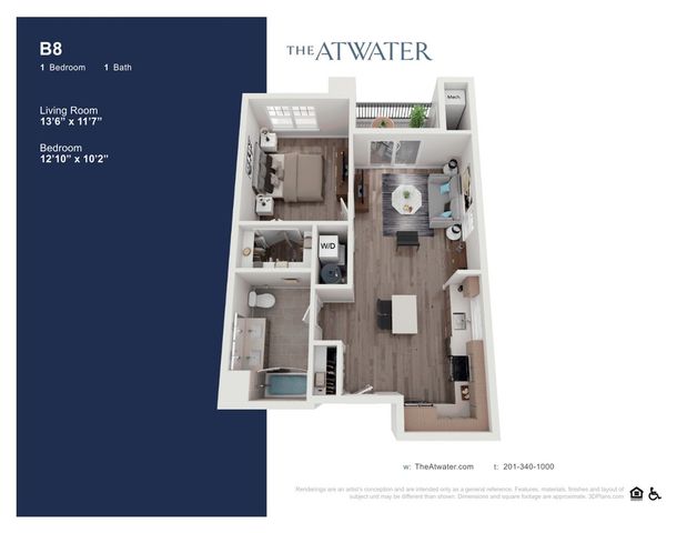 Modern 3D floor plan of B8 unit at The Atwater showing a chic 1 bedroom, 1 bath layout with an open living room, stylish kitchen, and cozy balcony.