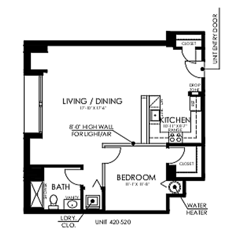 Floor plan of The Civic in Philadelphia featuring a spacious 1 bedroom, 1 bath unit with open living and dining area, alongside a compact studio layout.