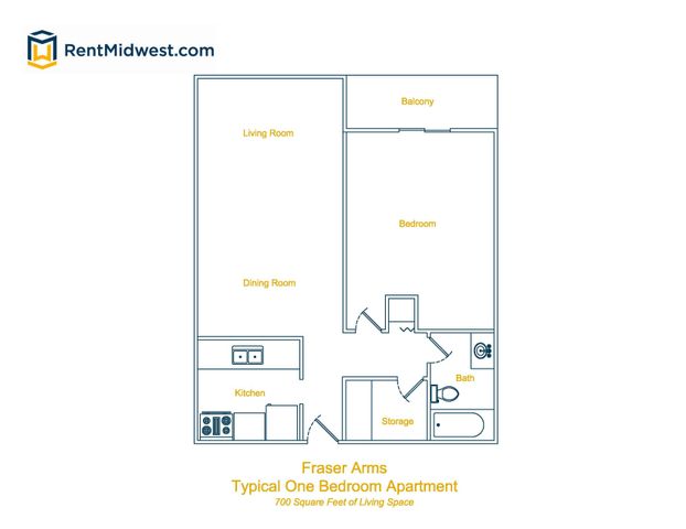 Fraser Arms floor plan showcasing a cozy one-bedroom apartment with a balcony, open living and dining areas, and a modern kitchen within 700 square feet of living space.