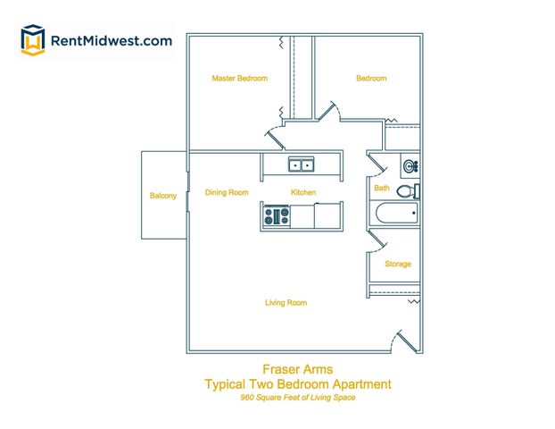 Fraser Arms floor plan showcasing a typical two-bedroom apartment with a spacious living room, separate dining area, and a cozy balcony, all within 960 square feet of living space.
