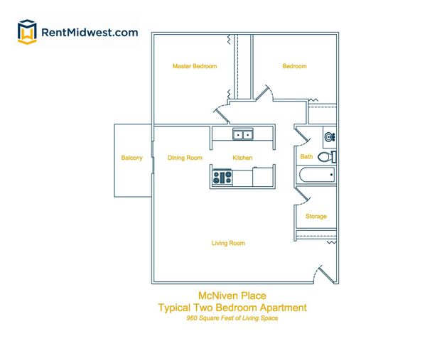 McNiven Place floor plan featuring a spacious two-bedroom layout with a master bedroom, inviting dining room, and cozy living room. Includes a modern kitchen, bath, and convenient storage space. Features a relaxing balcony, offering 960 square feet of comfortable living space.