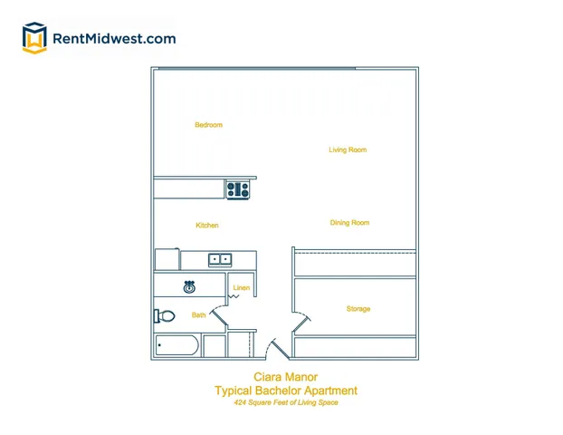 Ciara Manor bachelor apartment floor plan featuring a smart use of 424 square feet, including a cozy bedroom, open living and dining area, efficient kitchen, bath, and ample storage.