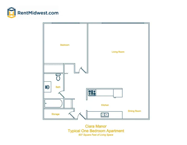 Ciara Manor floor plan showcasing a modern one-bedroom layout with a spacious living room, dining area, and well-equipped kitchen, totaling 637 square feet of living space.