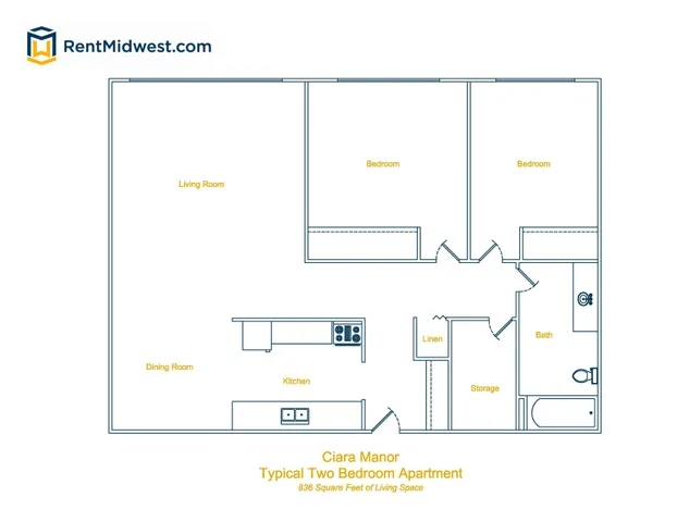 Ciara Manor floor plan detailing a typical two-bedroom apartment with 836 square feet, featuring a spacious living room, dining room, kitchen, and bath.
