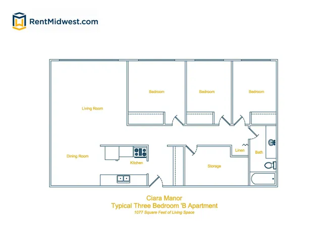 Ciara Manor floor plan featuring a spacious three-bedroom layout with a large living room, dining room, and modern kitchen, encompassing 1077 square feet of inviting living space.