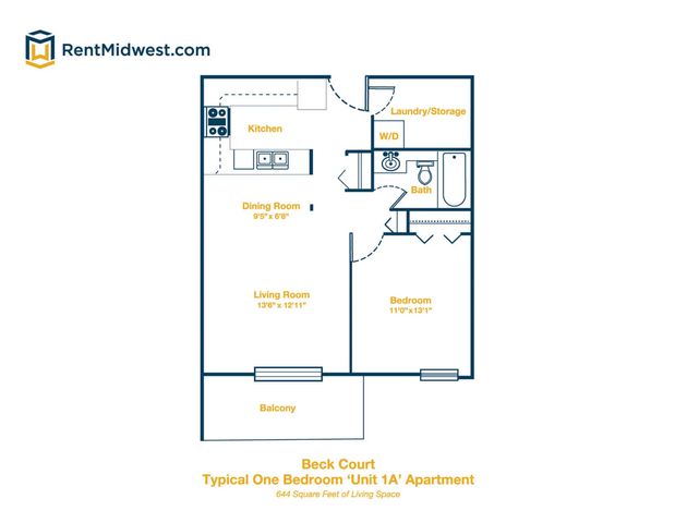 Beck Court one-bedroom floor plan showcasing a spacious living room, dining area, kitchen, balcony, and in-unit laundry for comfortable living.