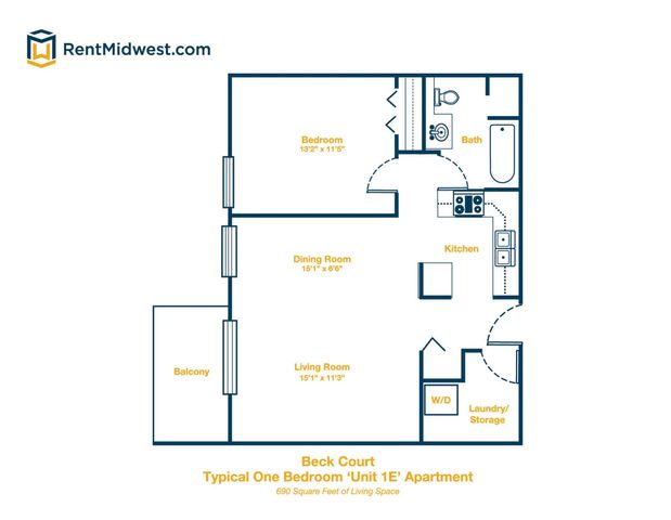 Beck Court one-bedroom floor plan showcasing a spacious layout with a living room, dining area, kitchen, bathroom, and private balcony, totaling 690 square feet.