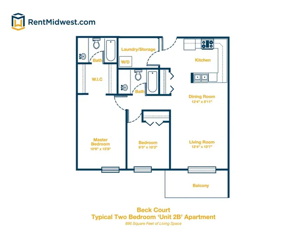 Modern floor plan of Beck Court\'s Unit 2B showcasing two bedrooms, open living and dining area, contemporary kitchen, and balcony, spanning 896 square feet.