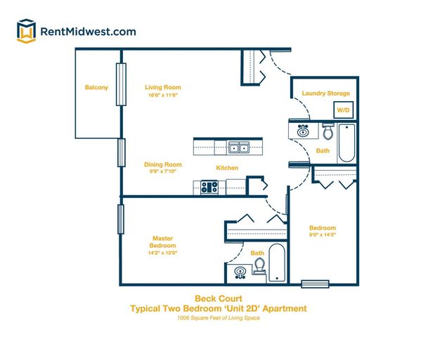 Beck Court floor plan showcasing a cozy two-bedroom apartment with ample living space, balcony, and modern kitchen. Includes dining room and two full baths, offering 1006 square feet of comfort.