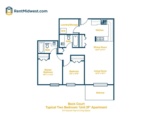 Charming floor plan for Beck Court Unit 2F, featuring 2 bedrooms, a spacious living room, kitchen, dining area, and balcony. Includes 814 sq ft with convenient laundry/storage space.