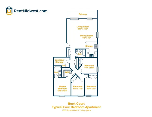 Inviting four-bedroom apartment floor plan with spacious living and dining areas, modern kitchen, and private balcony in Beck Court.
