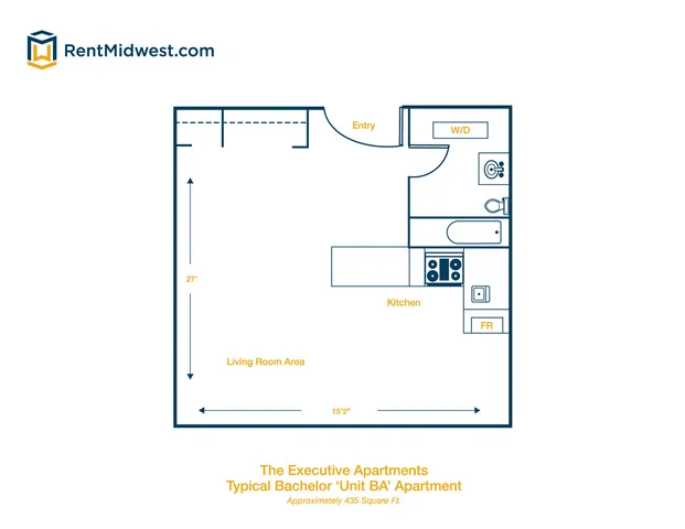 Executive Apartments\' floor plan for Unit BA Bachelor features a spacious living area, well-equipped kitchen, and conveniently located bathroom in approximately 435 sq ft.