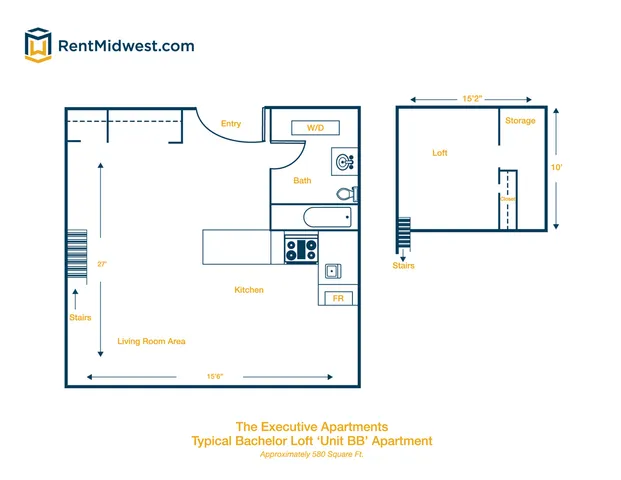 Modern floor plan for The Executive Apartments featuring a spacious bachelor loft with living room, kitchen, and bath, including a 580 sq ft layout with storage and closet in the loft area.