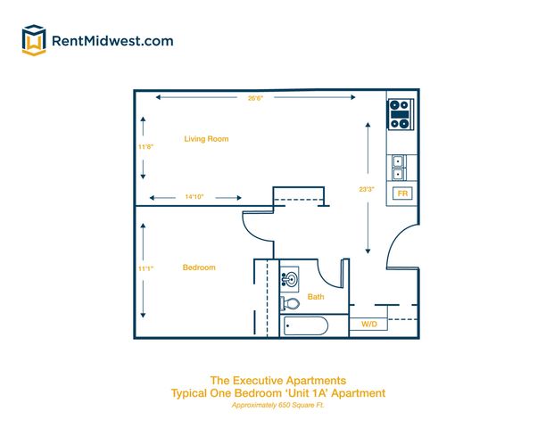 Executive Apartments floor plan for Unit 1A featuring a spacious living room, cozy bedroom, modern kitchen, and bathroom in approximately 650 sq ft.
