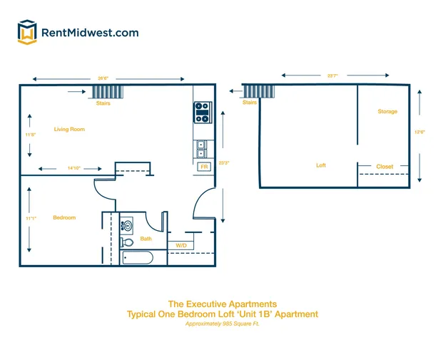 Chic one-bedroom loft floor plan with spacious living room, functional kitchen, cozy loft, and ample storage, perfect for modern living at The Executive Apartments, approximately 985 sq ft.