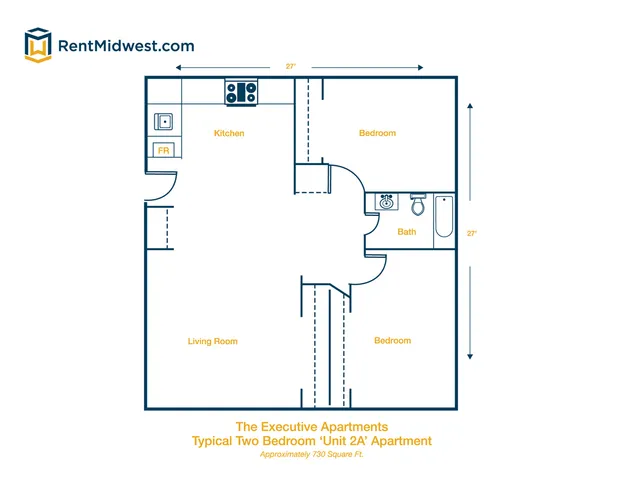 Modern floor plan of \'The Executive Apartments\' showing a spacious two-bedroom layout with kitchen, living room, and bath, encompassing approximately 730 square feet.