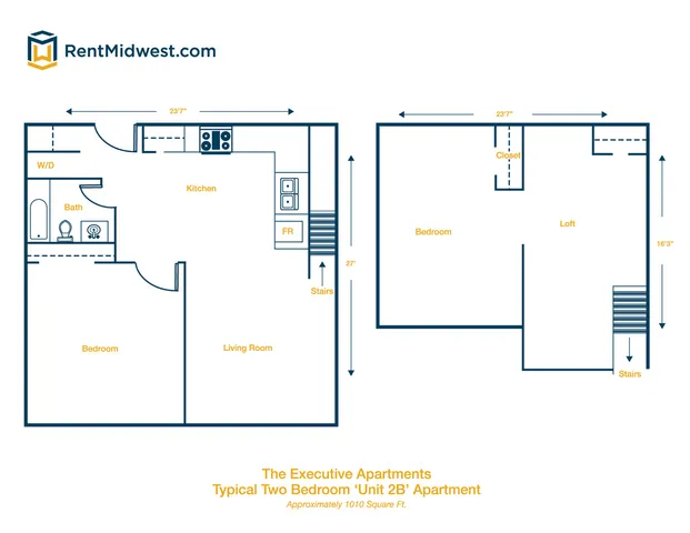 Executive Apartments floor plan for Unit 2B featuring two bedrooms, spacious living room, and loft area, approximately 1010 square feet.